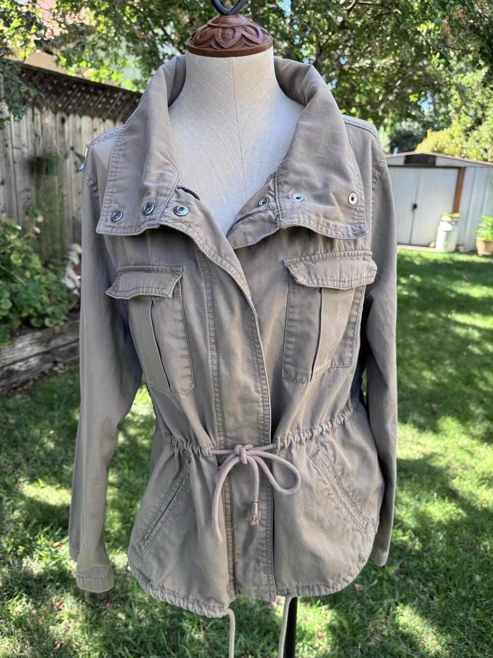 Old Navy Women's Military Jacket XL Beige Cotton Canvas Utility Zip Snap Pockets